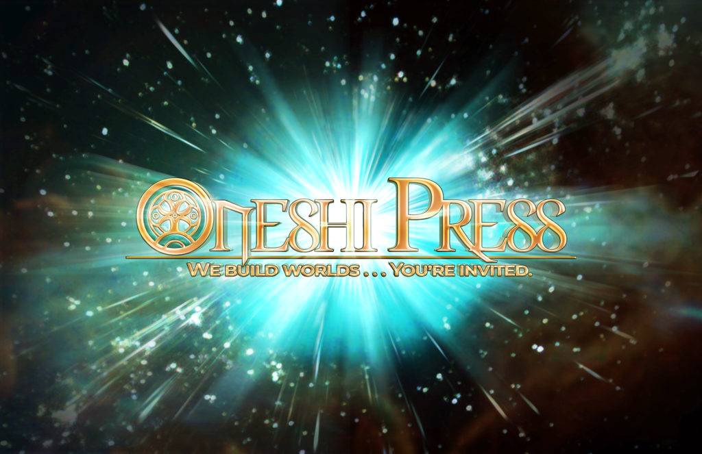 Oneshi Press independent comic book publisher's Website shiny metallic logo in space with cosmic radiation background