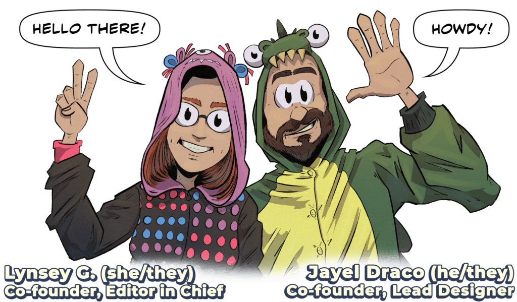 Cartoon image of Oneshi Press co-founders Lynsey G and Jayel Draco